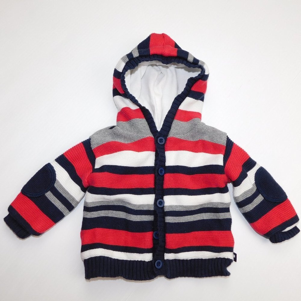Kitestrings Striped Knit Hooded lined Cardigan Sweater Red White Baby 0-3 Month
